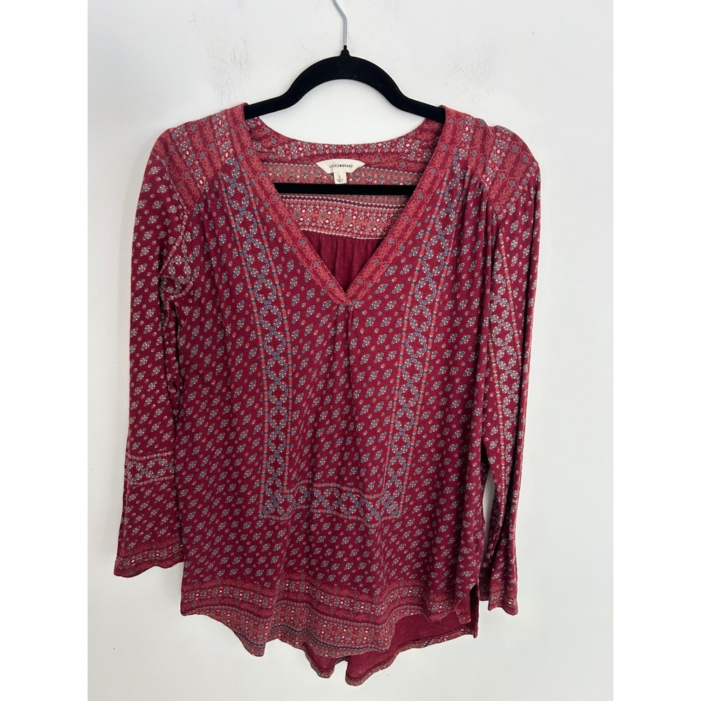Lucky Brand Womens Burgundy Boho Floral Print V-Neck Peasant Top‎ Large Red L